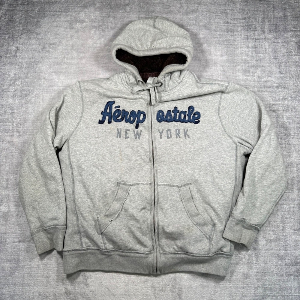 Aeropostale Sweatshirt Mens XL Gray Y2K Sherpa Lined Full Zip Hoodie Wolfjaw